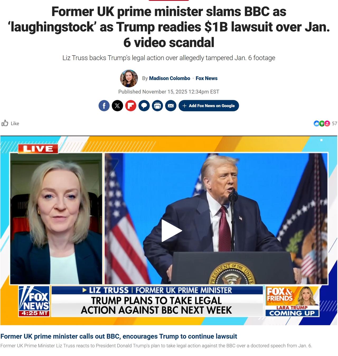 英国前首相支持特朗普起诉BBC,抨击BBC是'笑柄“前英国首相莉兹·特拉斯表示