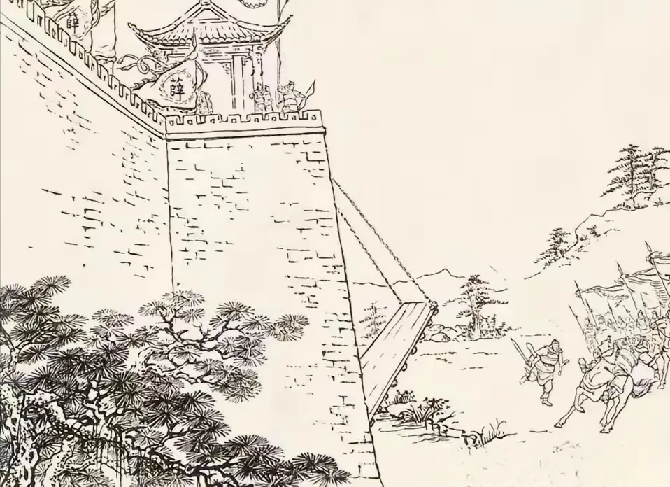 暗施冷箭。此图中一员大将带领部下来到一座城下，大声喊道：赶紧开门投降...