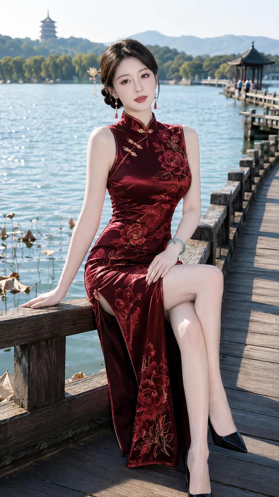 一袭酒红丝绒旗袍，如陈年红酒般醉人，紧致的剪裁毫不掩饰地勾勒出丰满的胸型与纤细腰