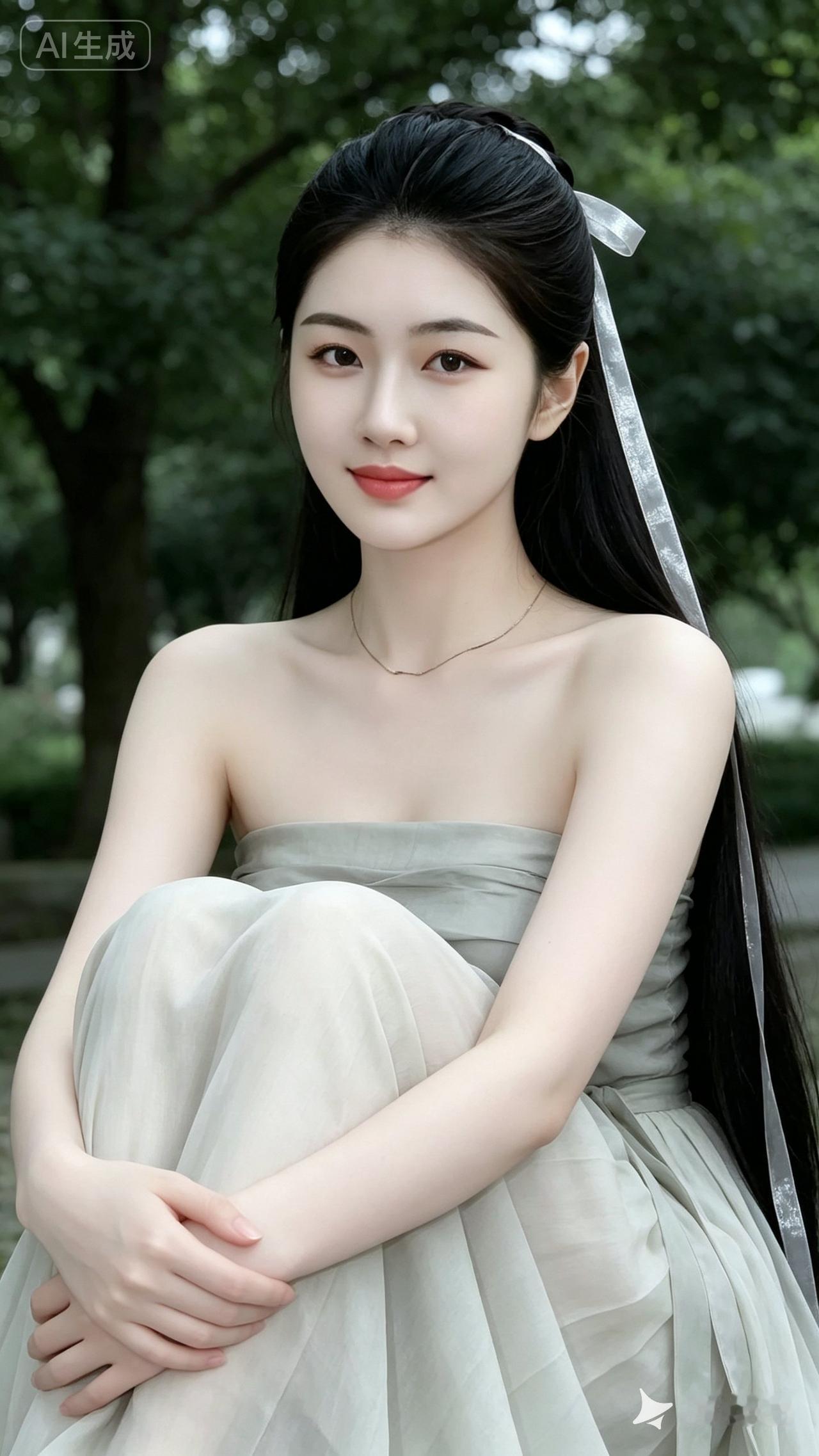 温柔少女，静坐绿意中，宛如仙子降临