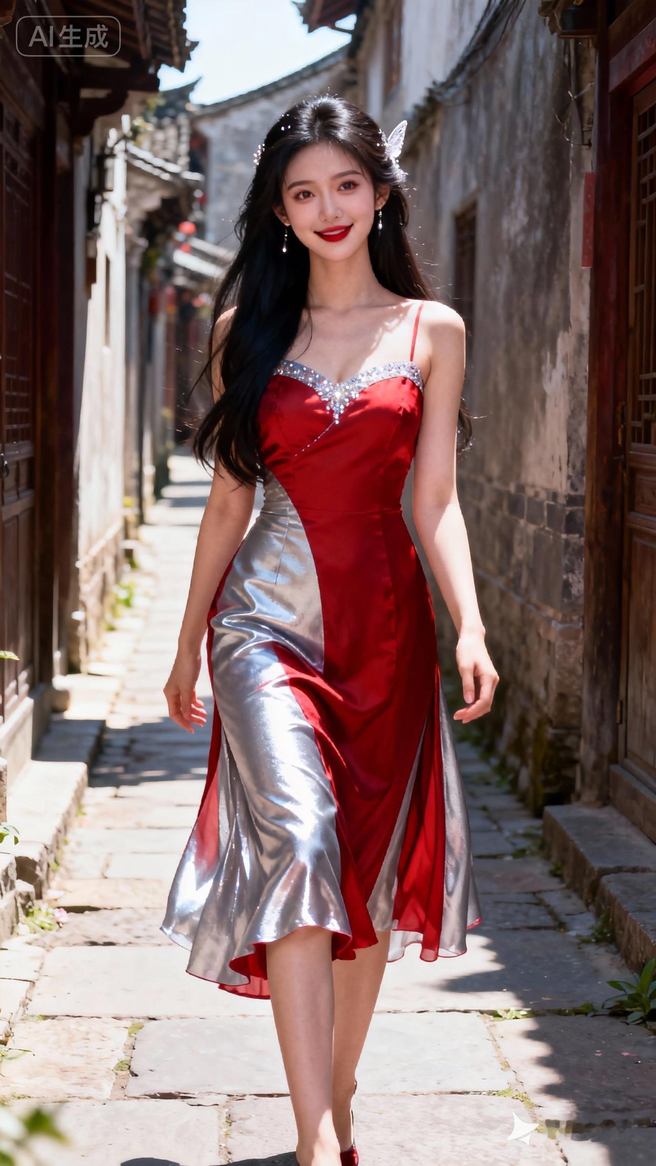 红裙飘飘，漫步古巷，惊艳时光