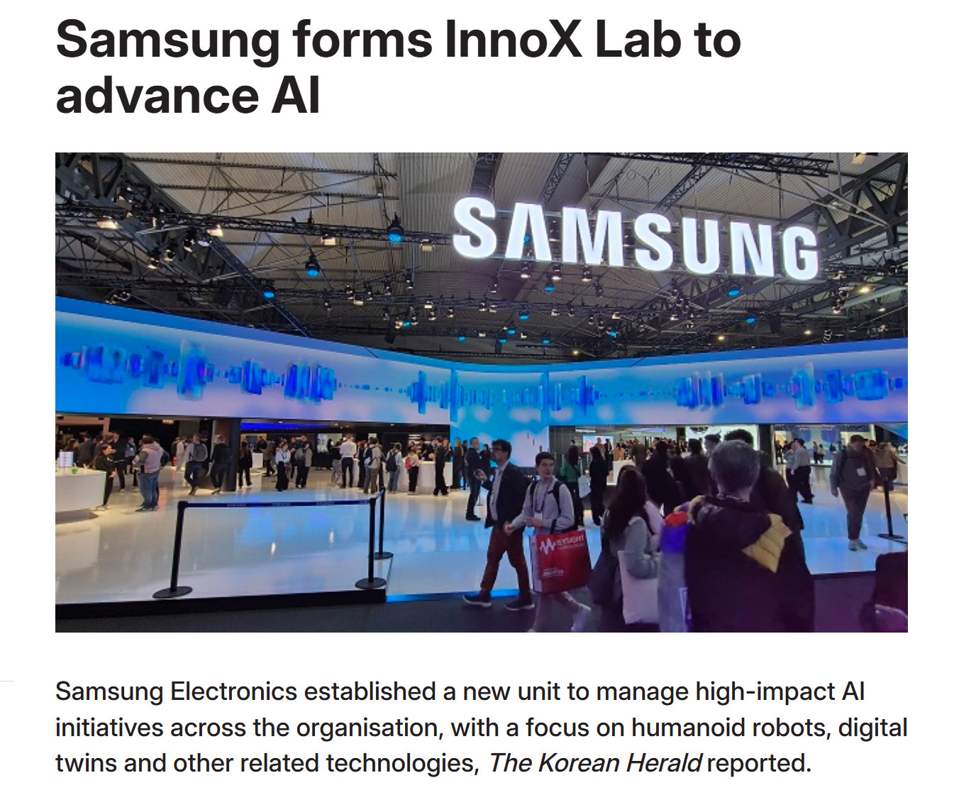 三星成立全新InnoXLab，主攻人工智能、数字孪生、人型机器人等前沿领域，还