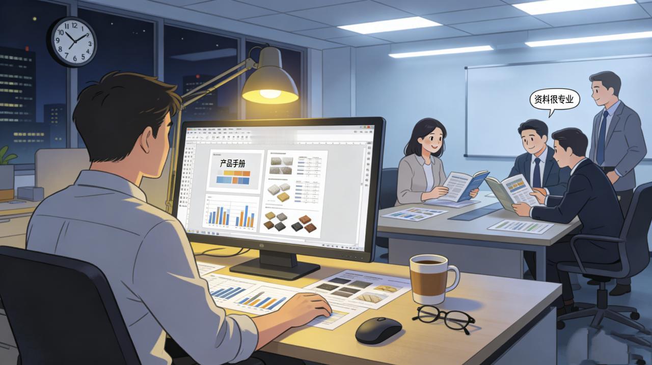 大客户要来考察，主管让小林连夜赶一份产品手册。小林熬到凌晨三点，数据、排版、样品