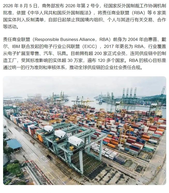 8月5日中国出了一个很大的反制招数：制裁RBA，不接受所谓的西方供应链审查了。事