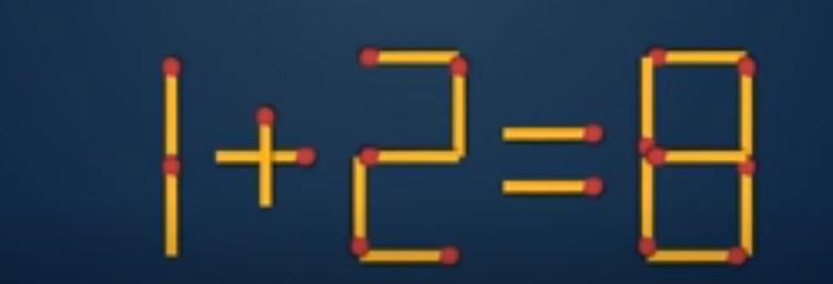 眼前是用火柴棒拼出的“1+2=8”，常规计算1+2结果为3，可现在