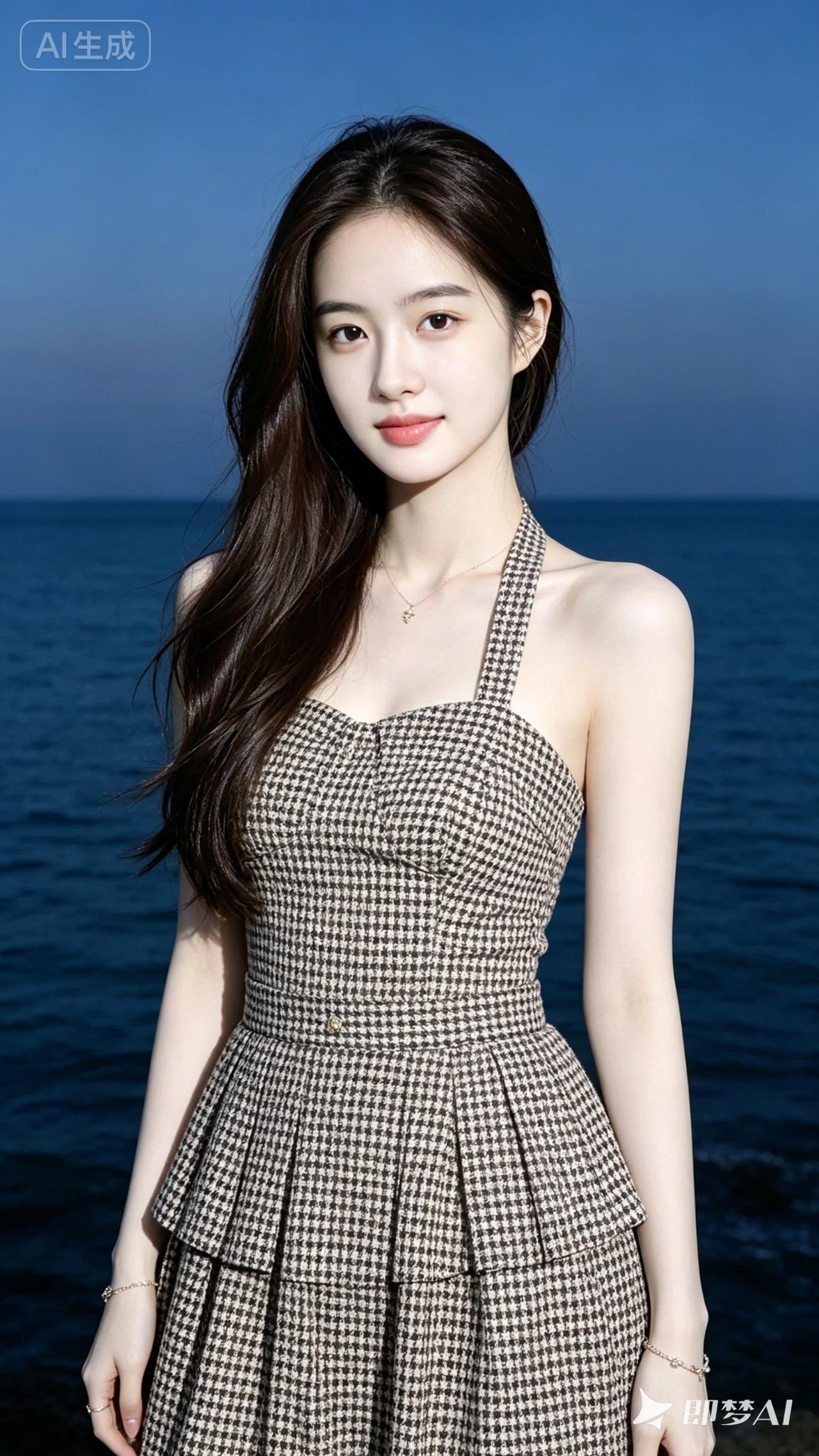 海边小姐姐穿着格子裙拍照。
