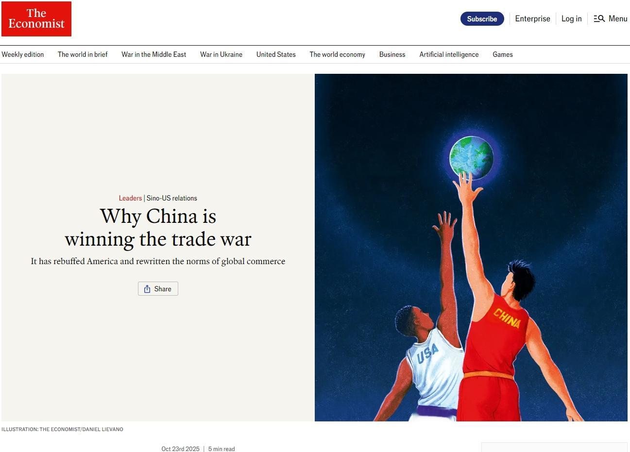 《经济学人》：中国为何在赢得贸易战《经济学人》罕见地发了个“爽文”，说贸易战中国