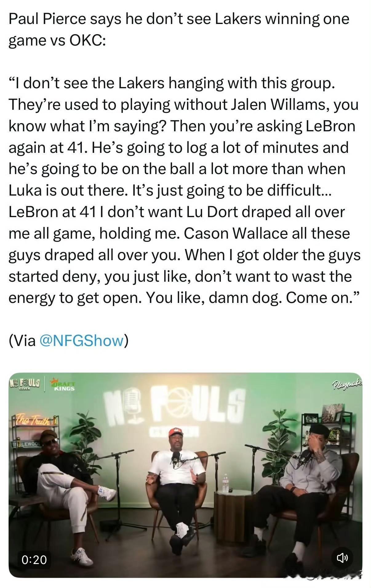 皮尔斯：湖人会被雷霆4-0横扫出局！近日，前NBA球星皮尔斯在参加一档节目时