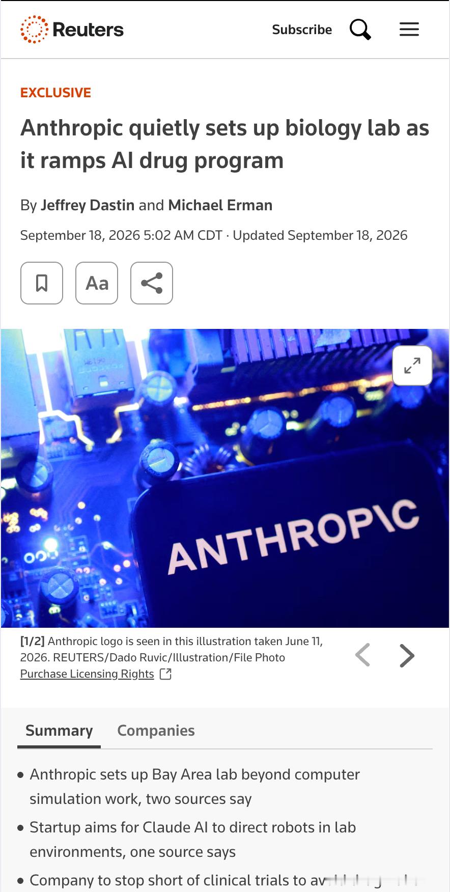 Anthropic悄悄建了一个生物实验室据路透社独家报道，Anthropic
