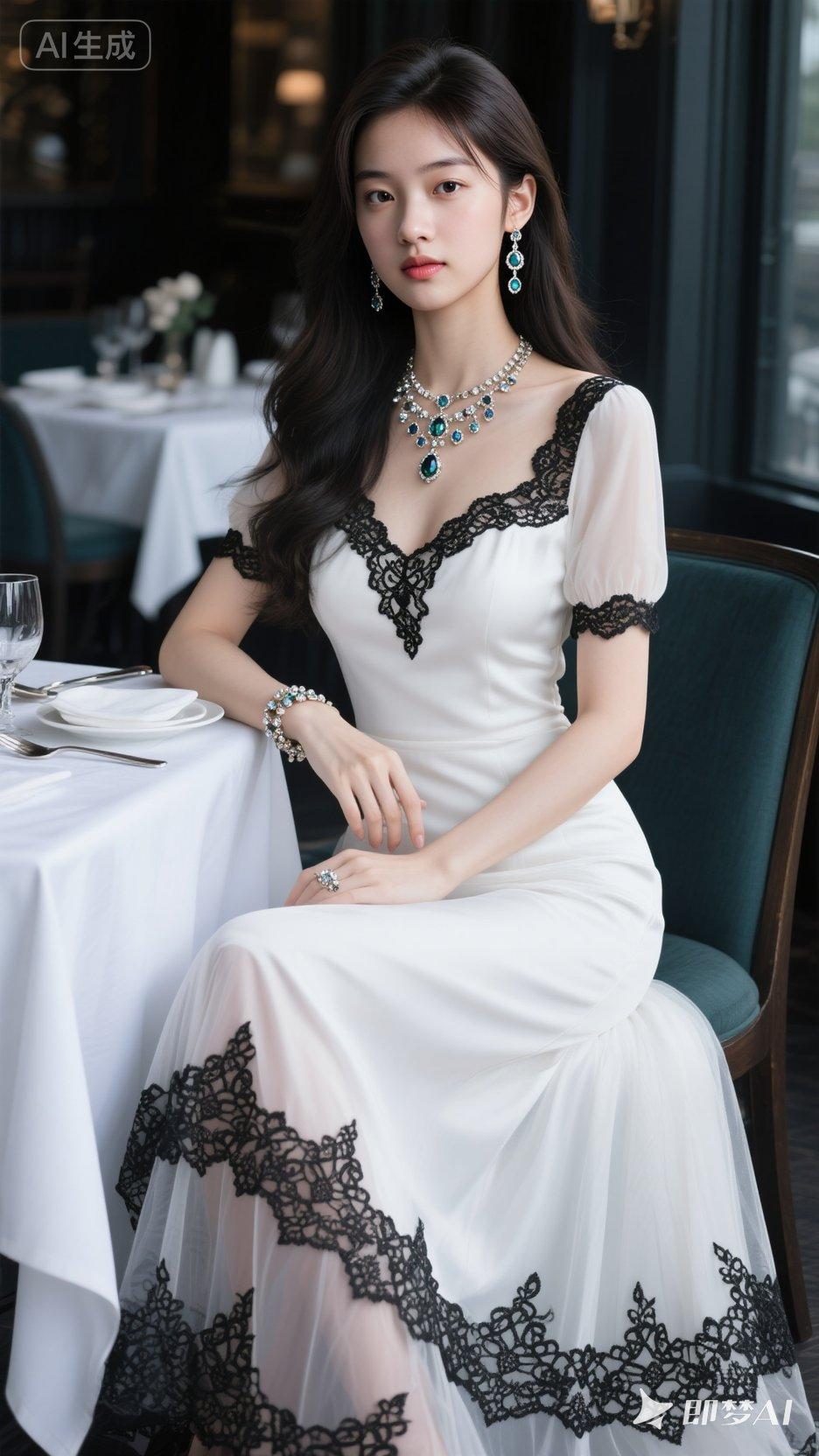 绝色美女，高定制作裙子华丽，时尚高雅的半袖连衣裙，白色修身大摆长裙，其裙摆为独特