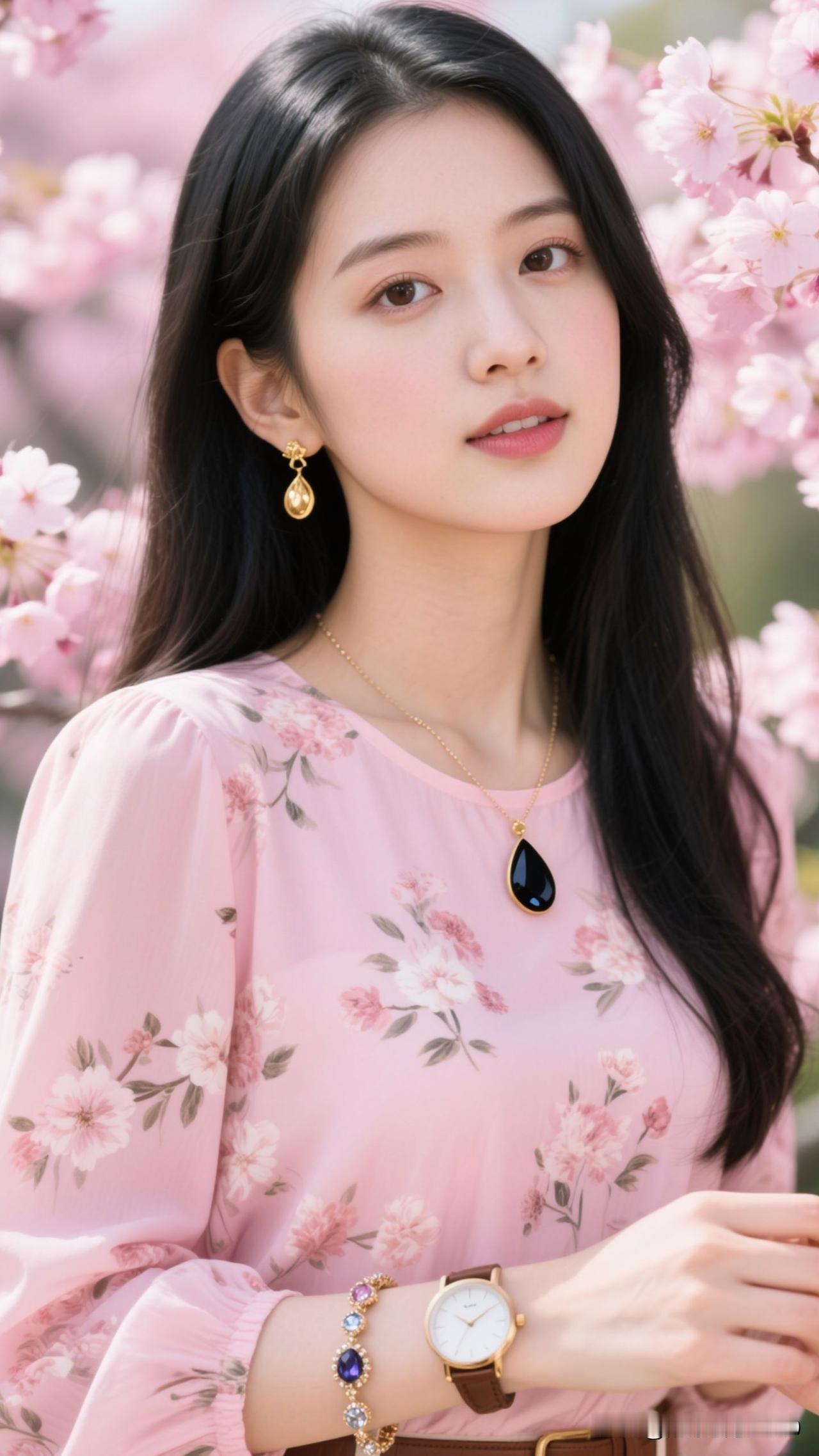 🌷春樱为幕，粉衣是晕开的糖霜，金饰驮着温柔的梦，一笑便漾满整个季节的治愈。粉