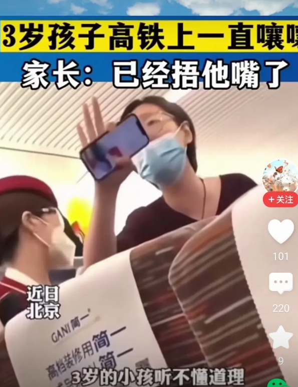 小孩在高铁上一直吵。旁边有乘客非常不满，质疑家长为什么就不好好看住自己的孩子。小