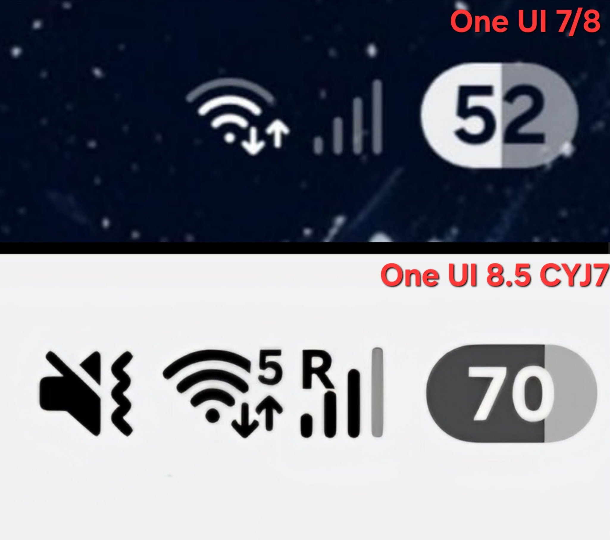 看一下这两代OneUI版本的状态栏图标区别​​​