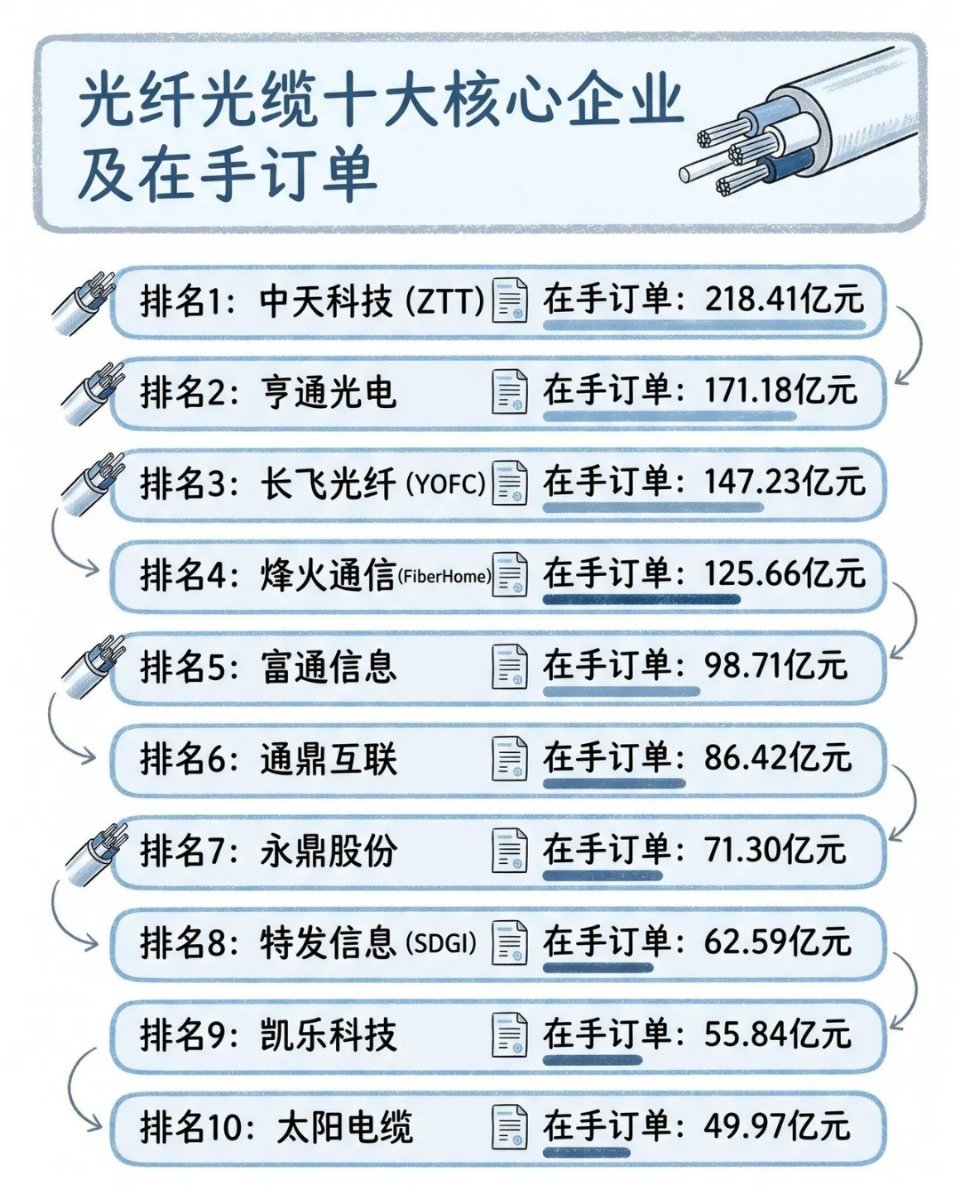 收藏！光纤光缆行业TOP10在手订单数据📋整理好了光纤光缆十大核心企业的在手订
