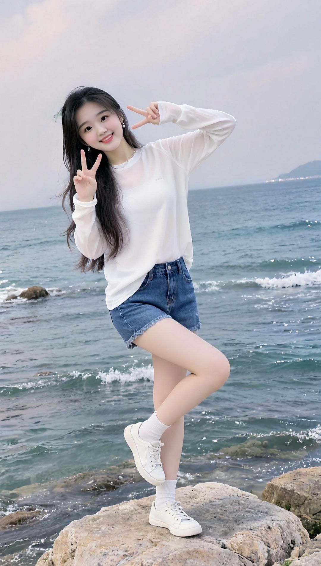 海滩美女海边拍照海边清甜风