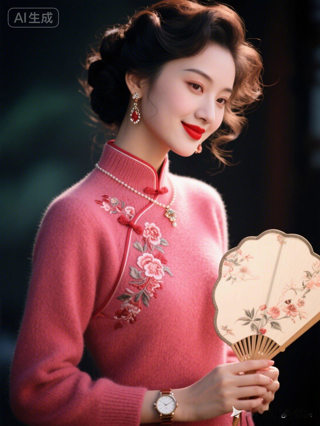 复古优雅，粉黛佳人，手持折扇，韵味十足。
