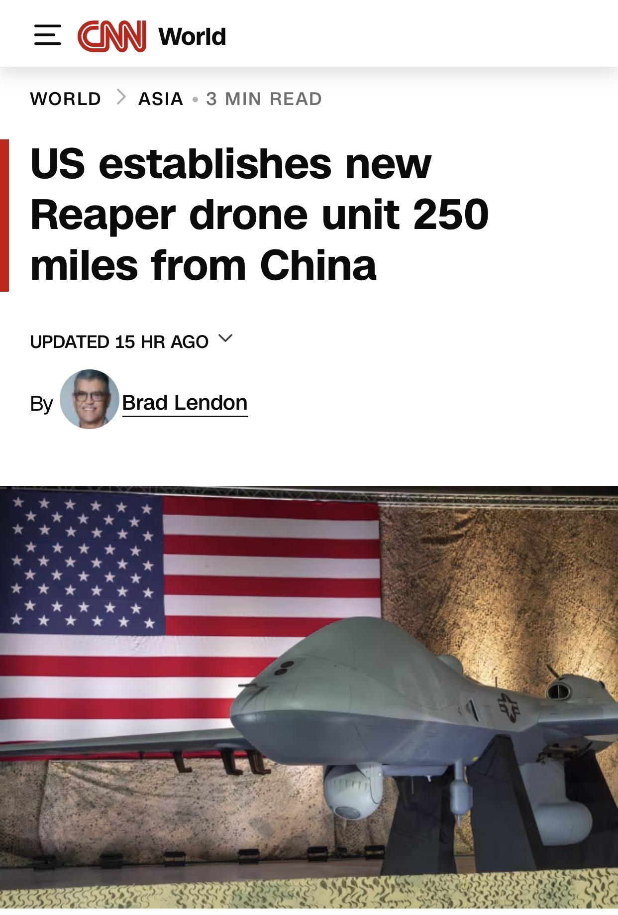 美媒：美国在距中国250英里外建立新的“收割者”无人机部队美国有线电视新闻网