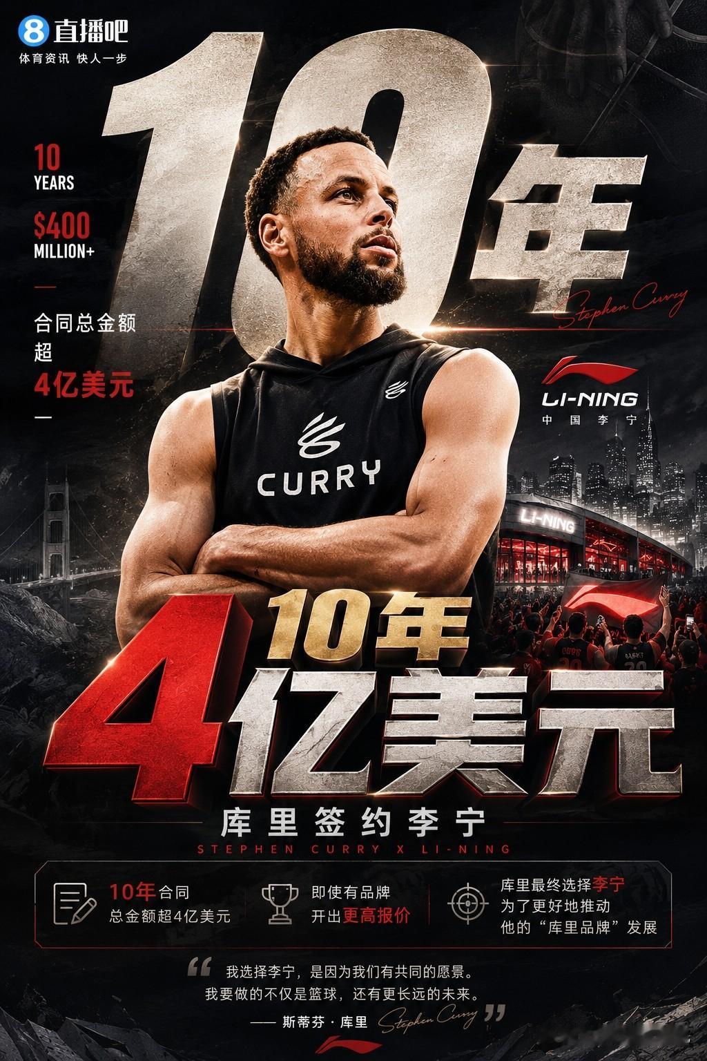 连麦迪都惊叹！我也惊叹，李宁是怎么想的？库里10年4亿签约李宁，这个消息一出