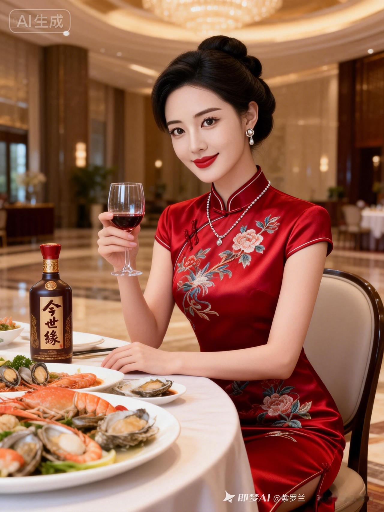 美人端坐圆桌旁，身着红缎刺绣旗袍，盘发精致，眉眼灵动，红唇浅笑。颈间耳坠简约时尚