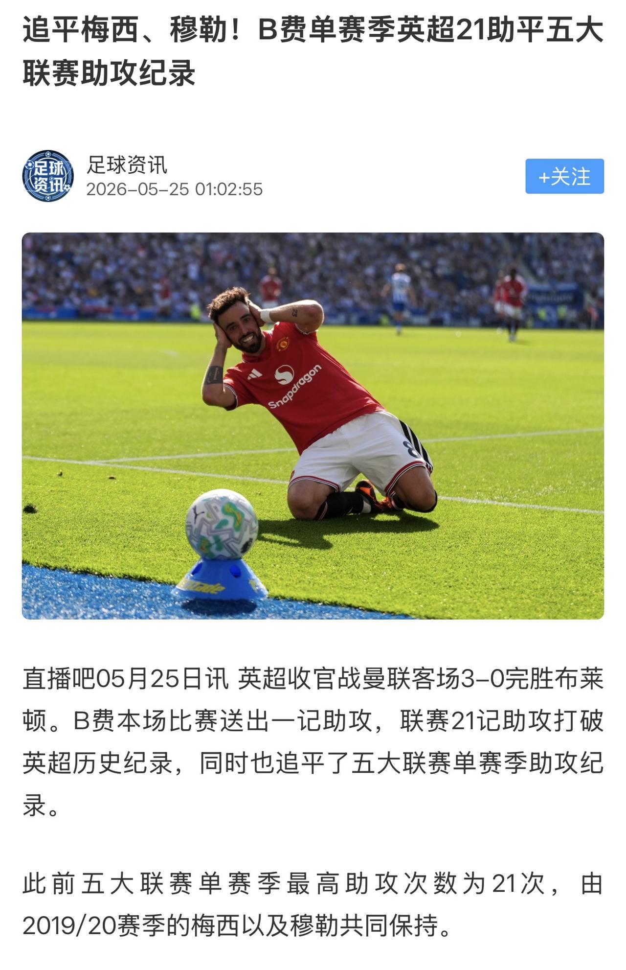 这个就是B费获得英超最佳球员的原因，单赛季助攻是五大联赛历史最佳。只有梅西，