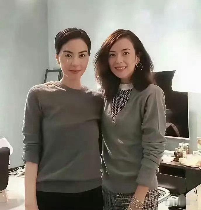 王菲与章子怡同框，双双身着灰色针织衫，简约朴素的穿搭反而更凸显强大气场，岁月究竟