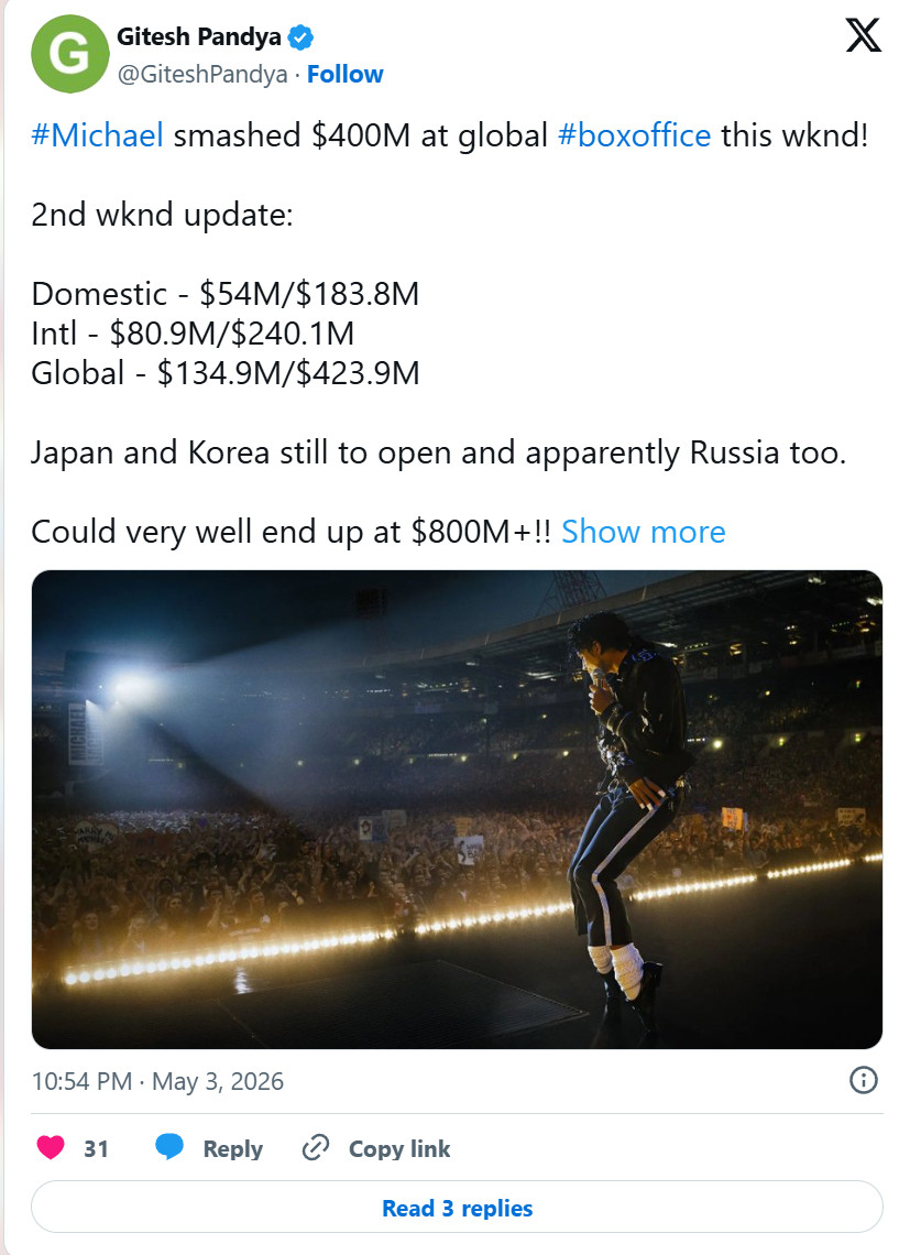 TNABO《迈克尔·杰克逊》全球票房跨过4亿美元大关，预计最终要冲8亿美元总票