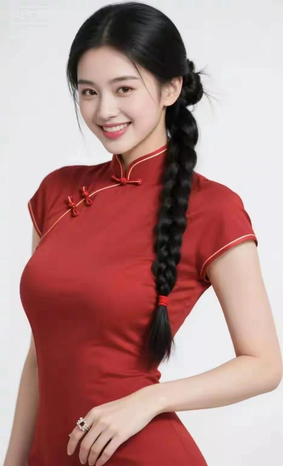 中国服饰，百花齐放红色旗袍，绝色美女性感大方，温柔脸庞眉清目秀，美若冠玉