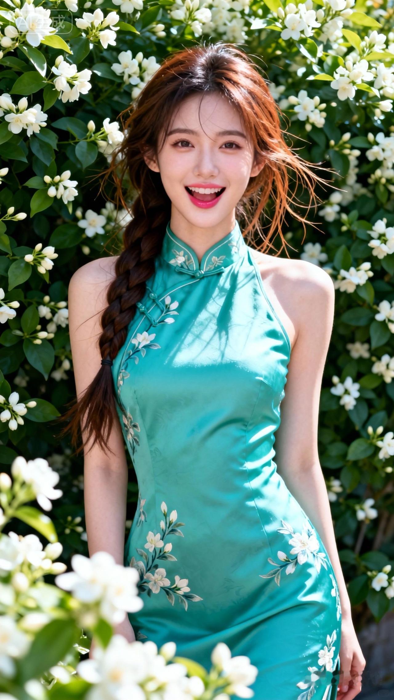 绿衣美人倚花丛，笑语盈盈似画卷。