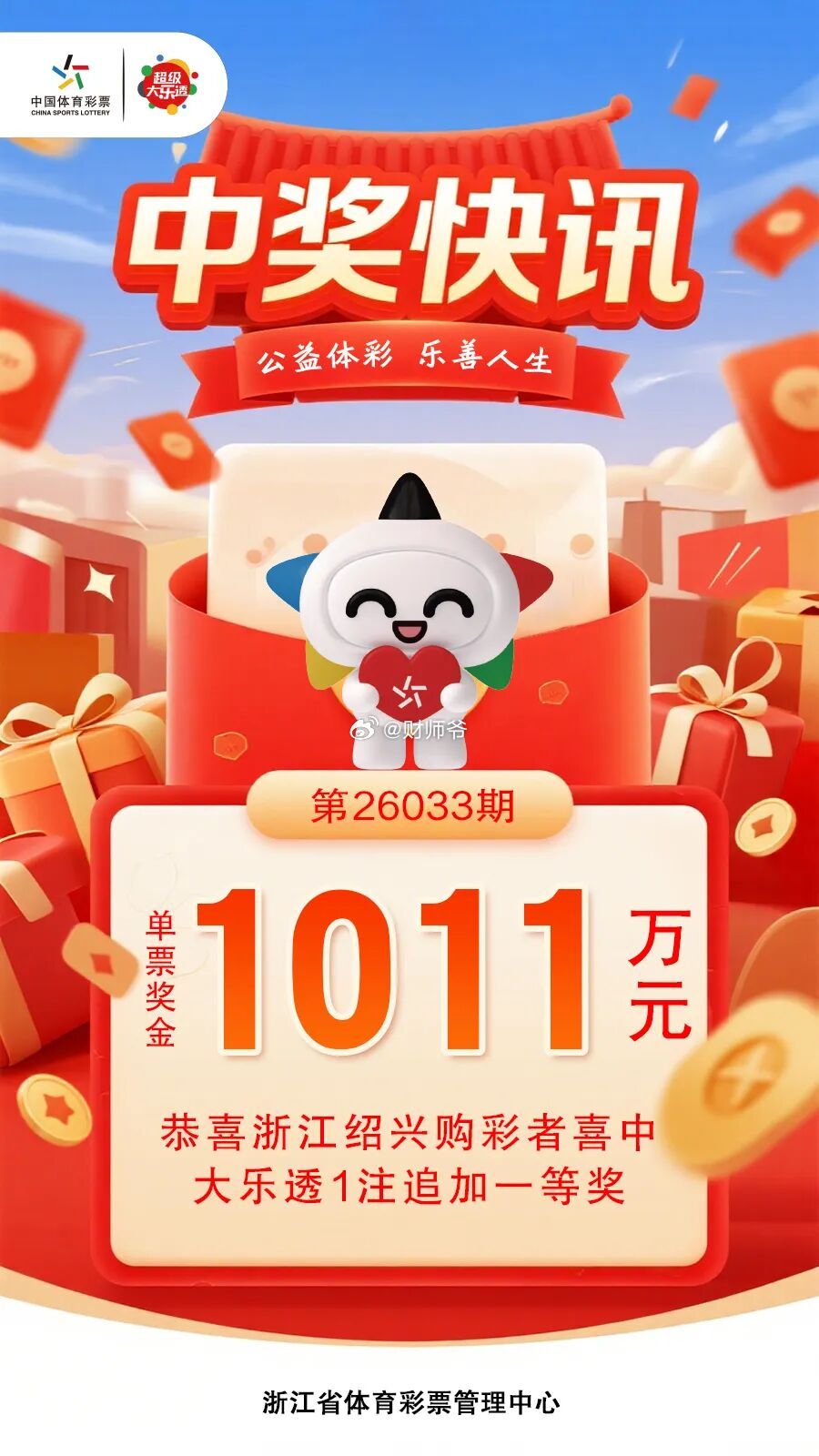 【绍兴又中出千万元彩票大奖！】3月30日，体彩大乐透第26033期开奖，本期绍兴