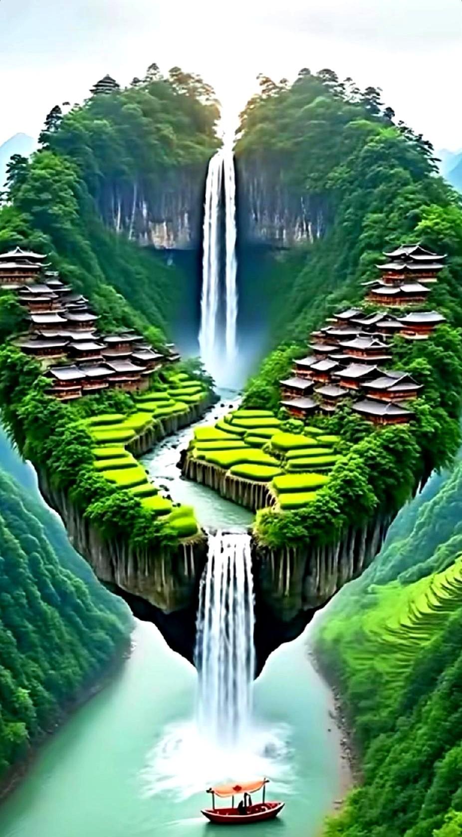 瀑布劈山直下，云被撕成碎布，楼阁悬在碎布上像钉了枚木楔。网友@小鹿跺脚：“这哪