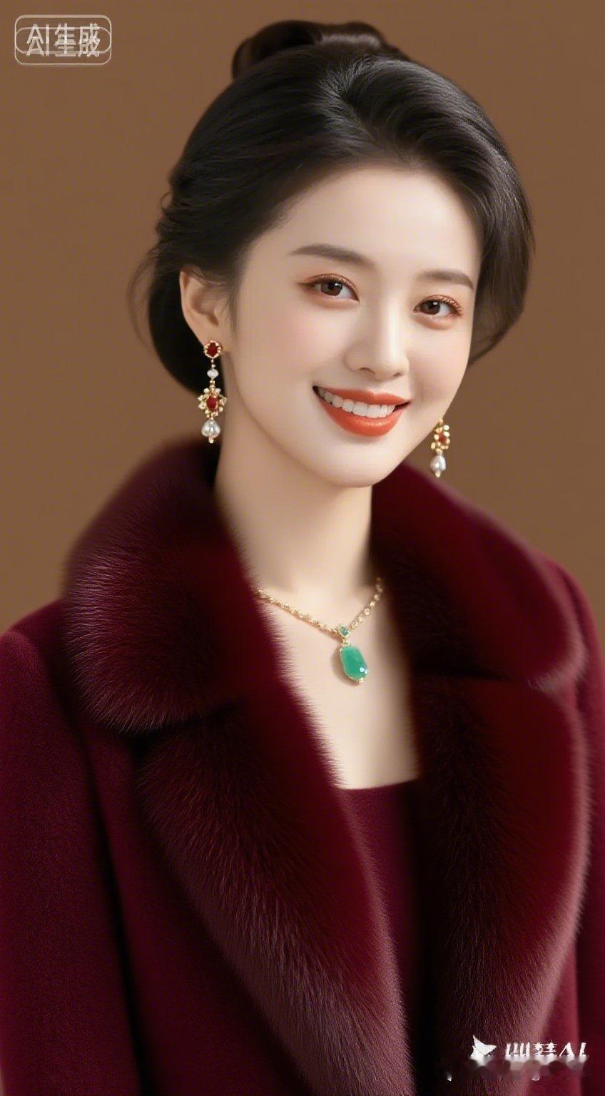 优雅红衣女郎，闪耀绿宝石项链，复古妆容，气质满分！