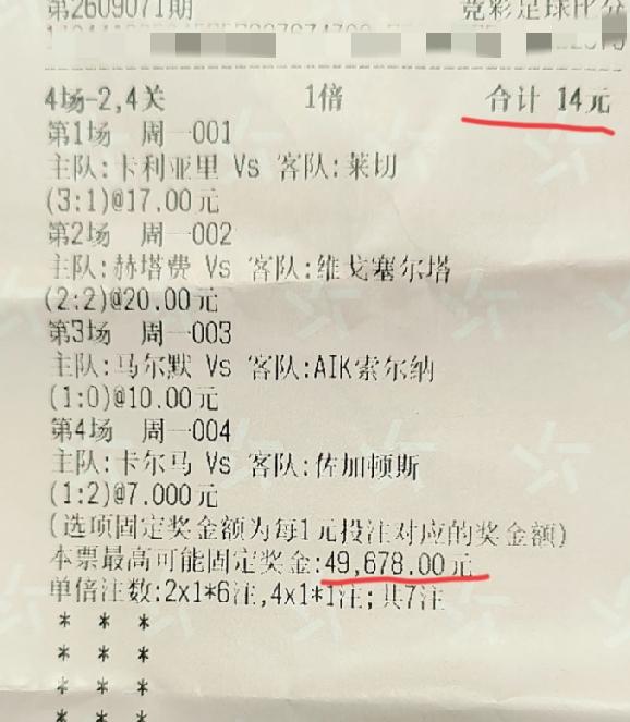 14块博5万，过关方式选择的是“4串2、4关”，无论是投产比还是过关方式的选择，