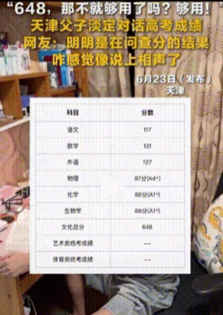 “这松驰感，服！”天津，男生高考查完分后，父亲问他的成绩，男生淡定的说648，然