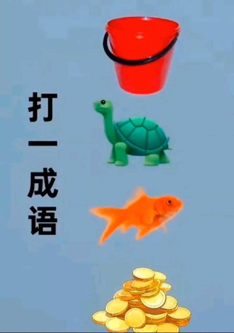 看图猜成语！桶龟鱼钱，谐音梗你get到了吗？​