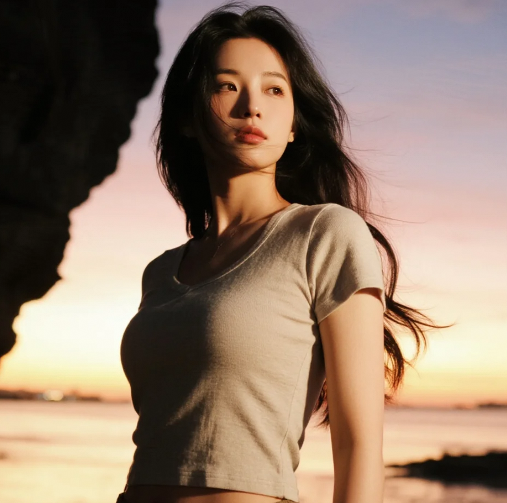 夕阳下的静谧时光：海边的优雅女郎