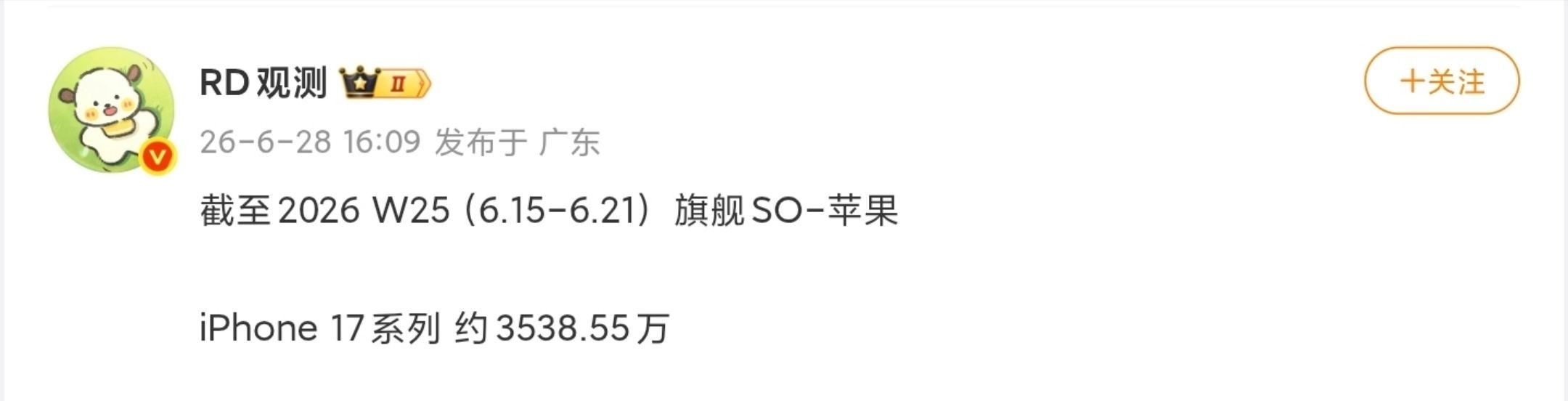 截至2026年第25周，iPhone17系列在中国市场累计销量约3538.55