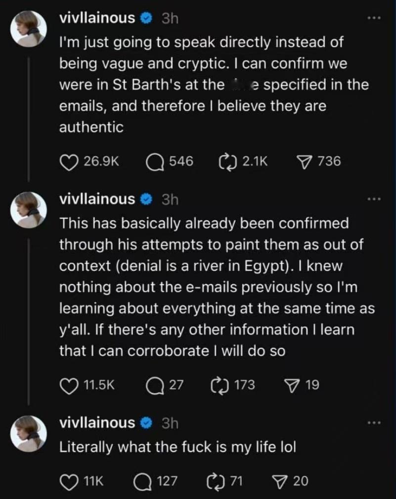 埃隆·马斯克的女儿薇薇安声称，她父亲与杰弗里·爱泼斯坦之间关于可能前往爱泼斯坦岛