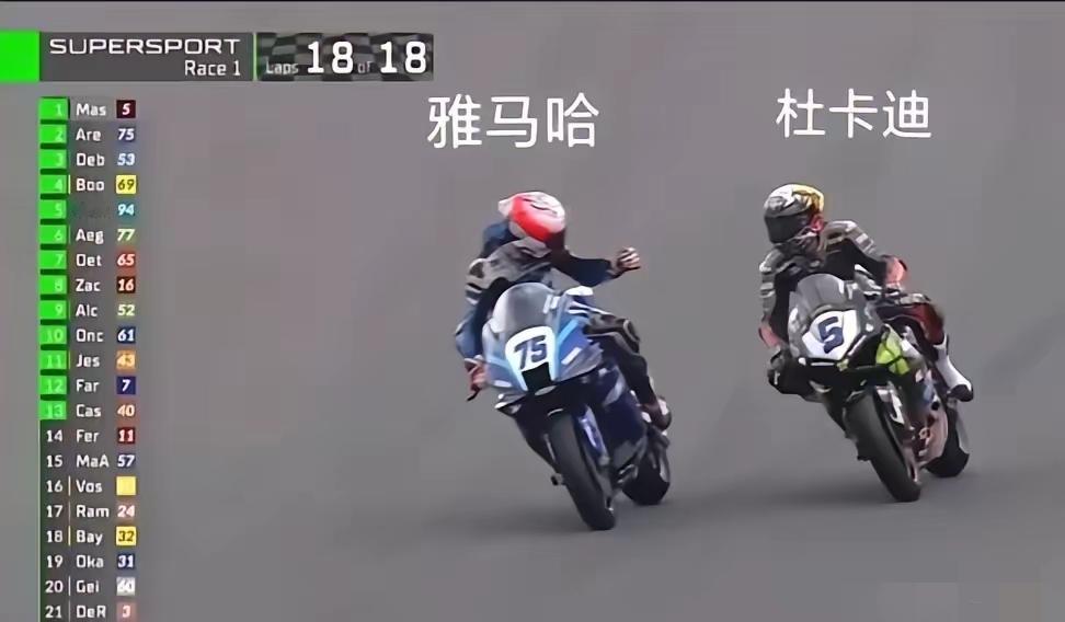 比赛结束后雅马哈75号车手对着5号杜卡迪车手竖起了大拇指，这是什么意思呢？是在庆