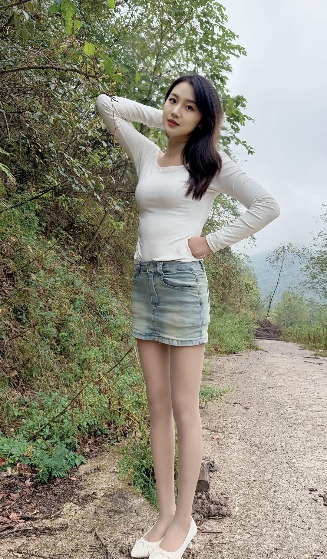 清新自然，白衣短裙，漫步林间小路，感受大自然的美好。