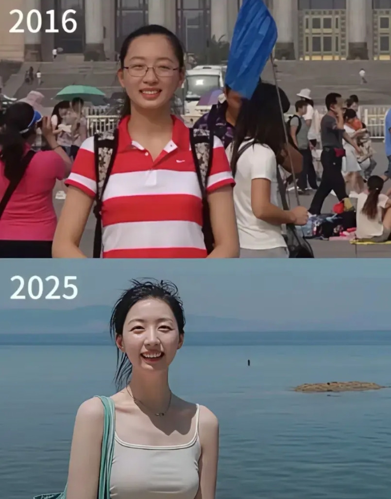 一个女大学生毕业十年前后的对比照。你觉得变化最大是哪里？