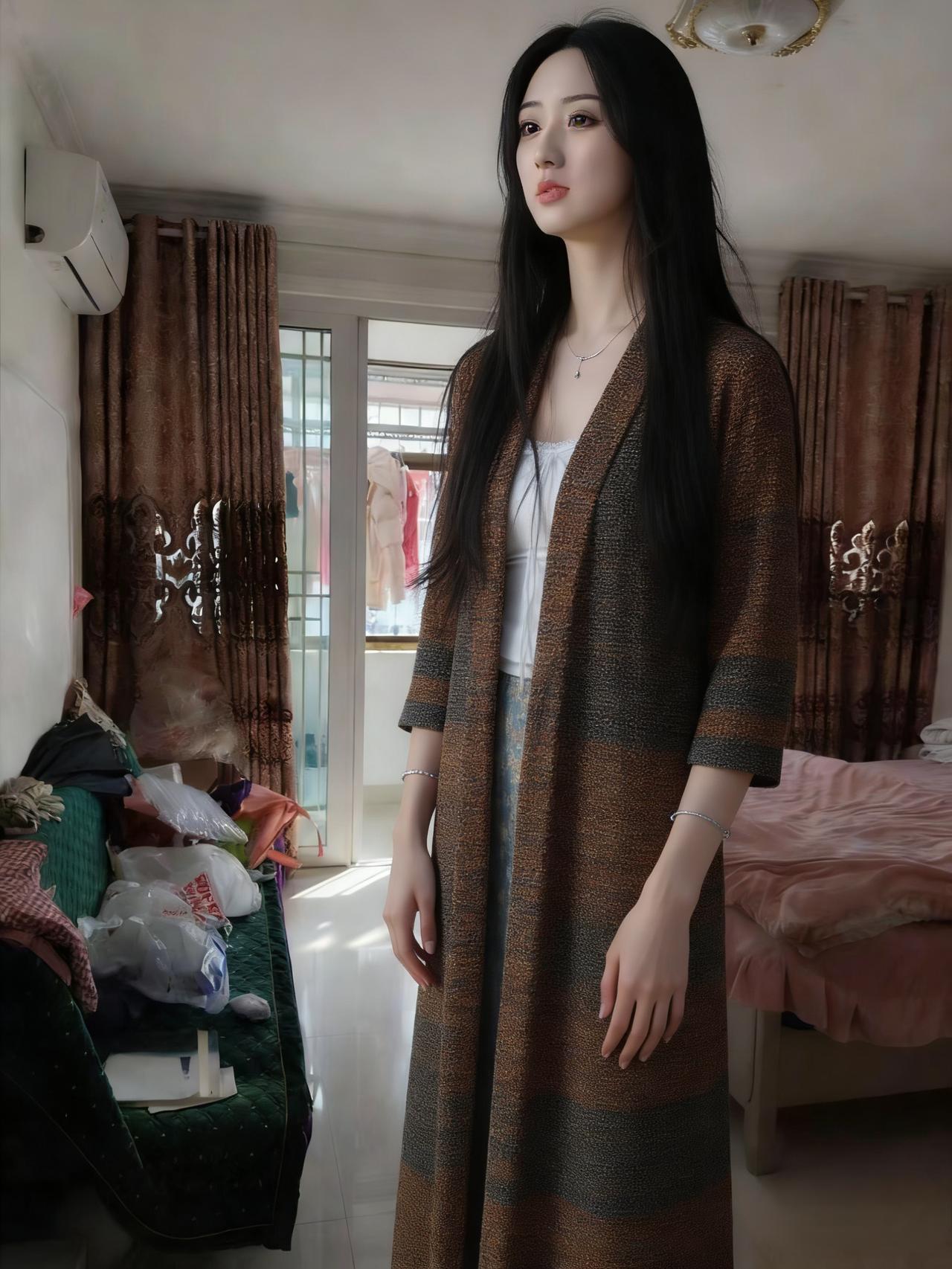 褐锦长衫裹素腰，窗前立尽影飘摇。拈丝不语思千里，目断秋云过碧霄。