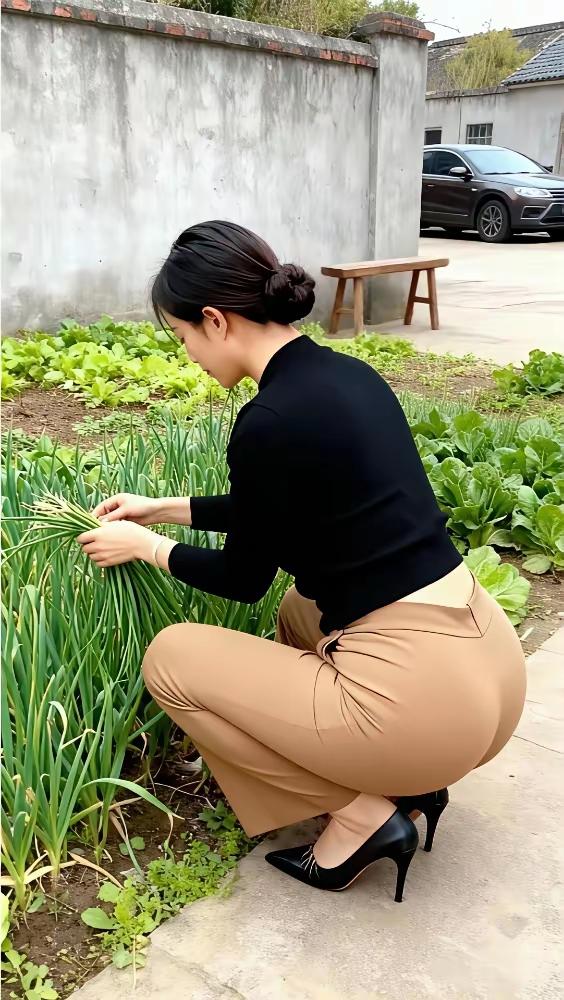 美女在菜园里拔葱，真接地气！