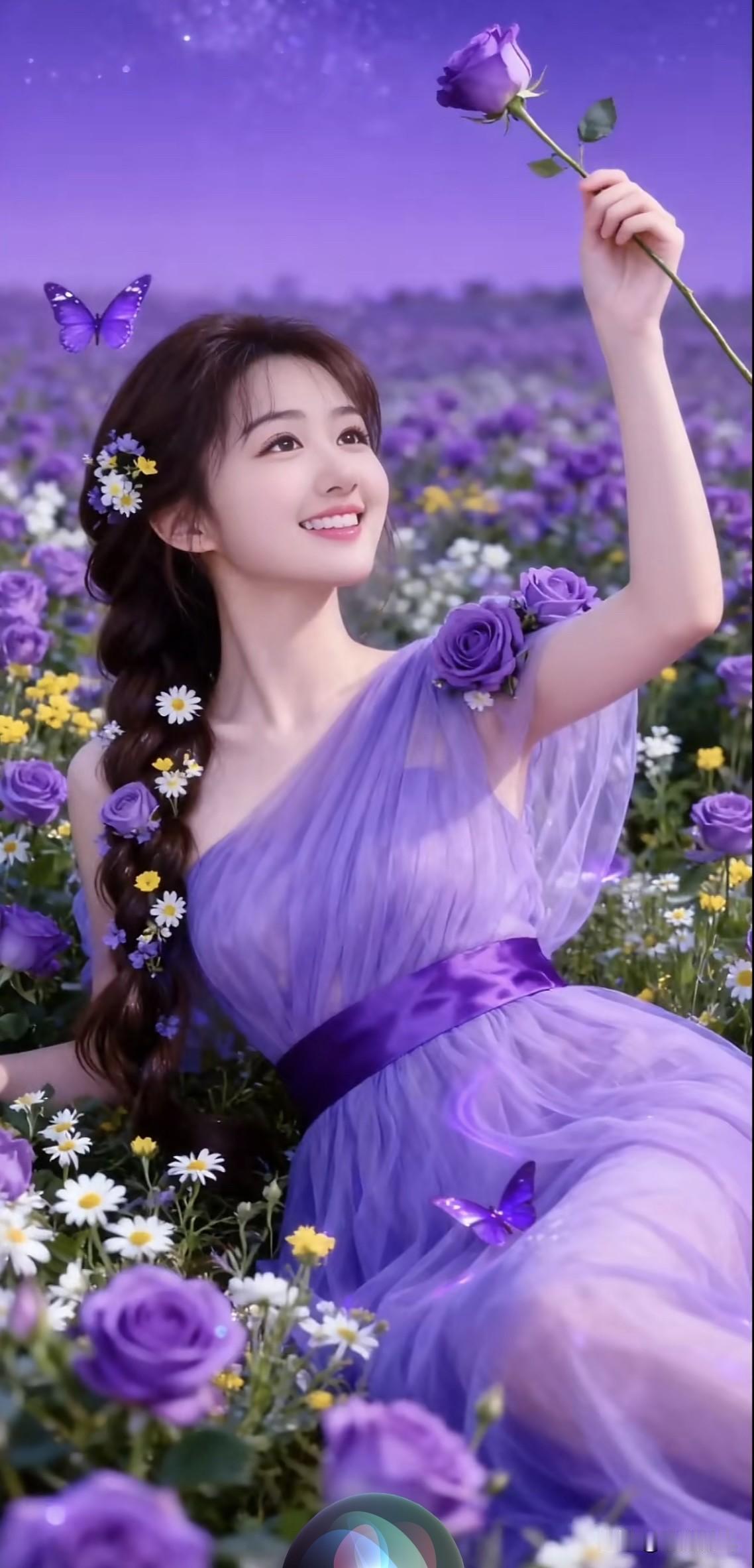 梦幻紫色花海，少女与蝴蝶共舞紫色小花海紫色花海氛围照紫色花海少女紫色花海少