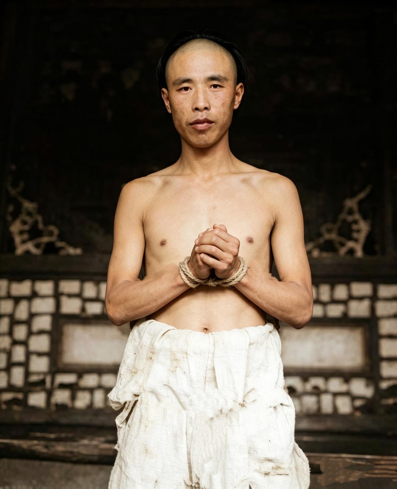 下图是徐锡麟就义前的照片，拍照时他上身赤裸，手被捆绑，但神情从容。照片被拍摄的时
