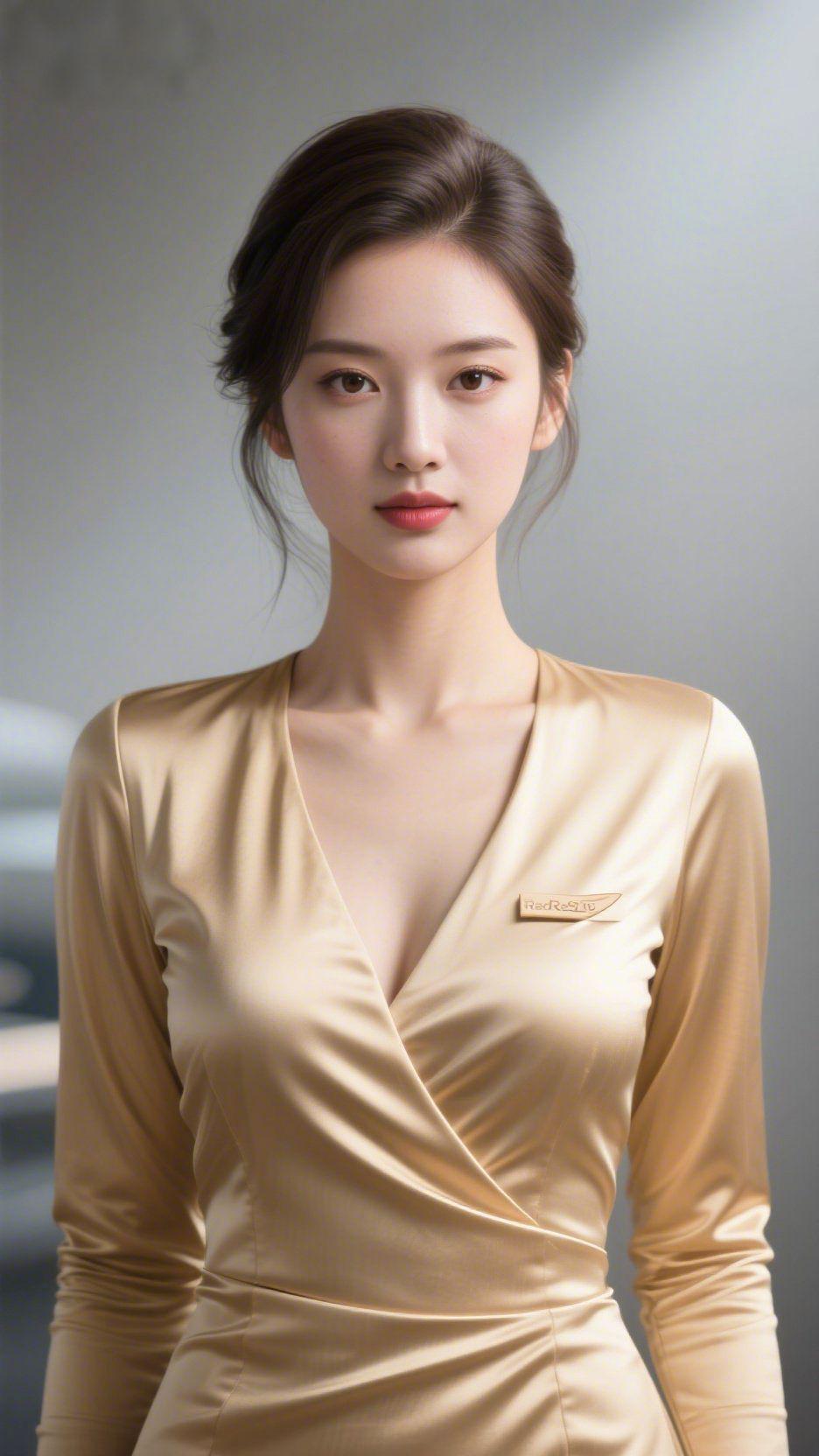 温柔自成光她立于浅灰的背景前，似揉碎了一缕暖金融进衣衫。缎面的光泽轻覆周身