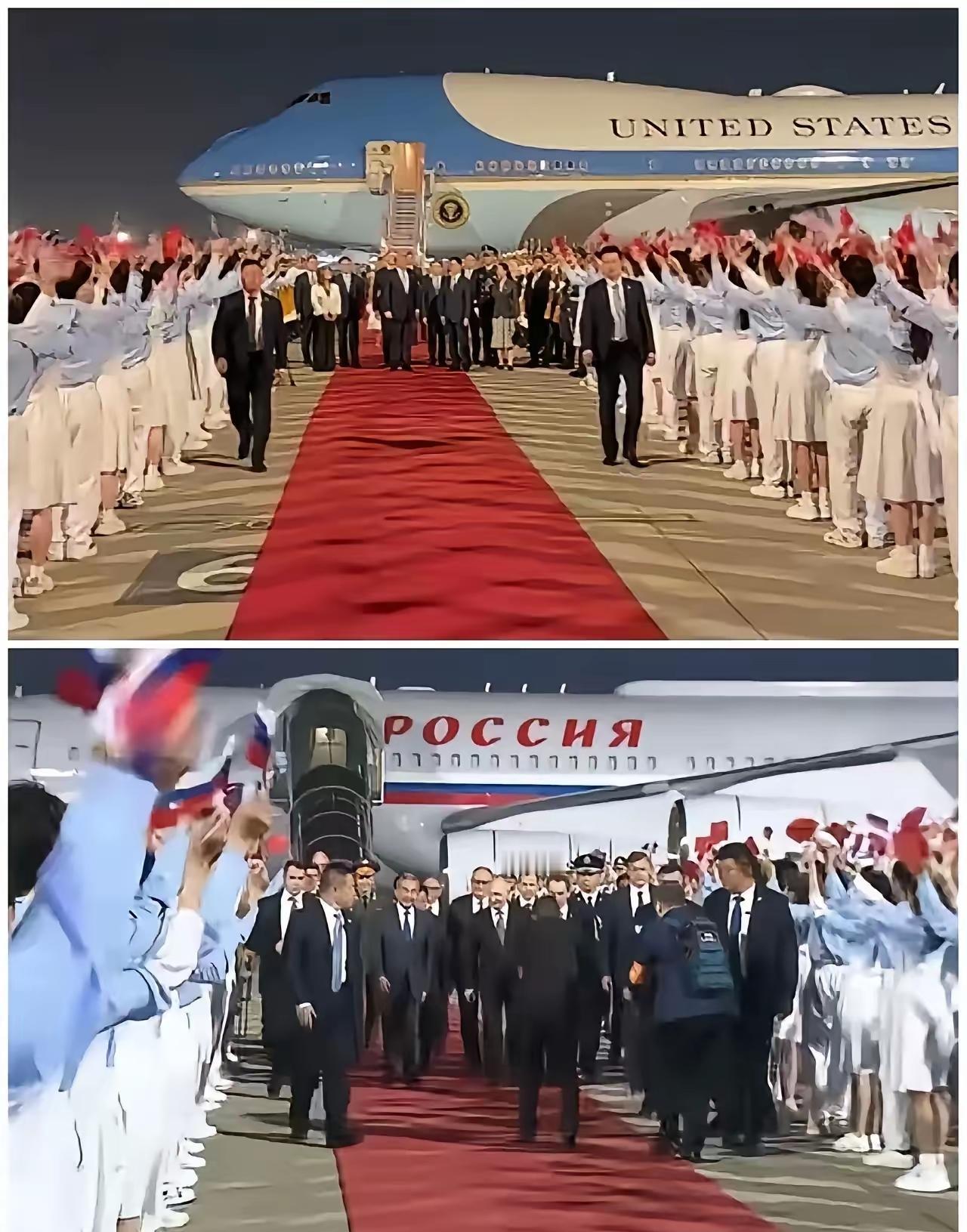 美俄罗两国元首访华的对比图，从现场来看，几乎可以说是一模一样的，连欢迎人群所穿的