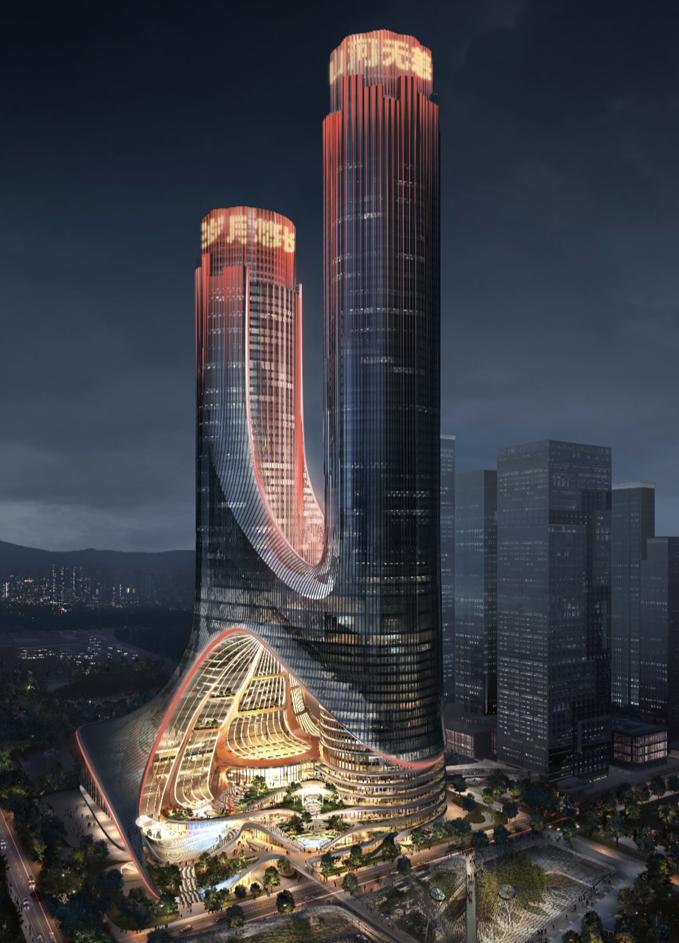 这栋楼应该是深圳未来摩天楼的颜值巅峰，它是中国最高的双子星连廊摩天楼，深圳湾超级
