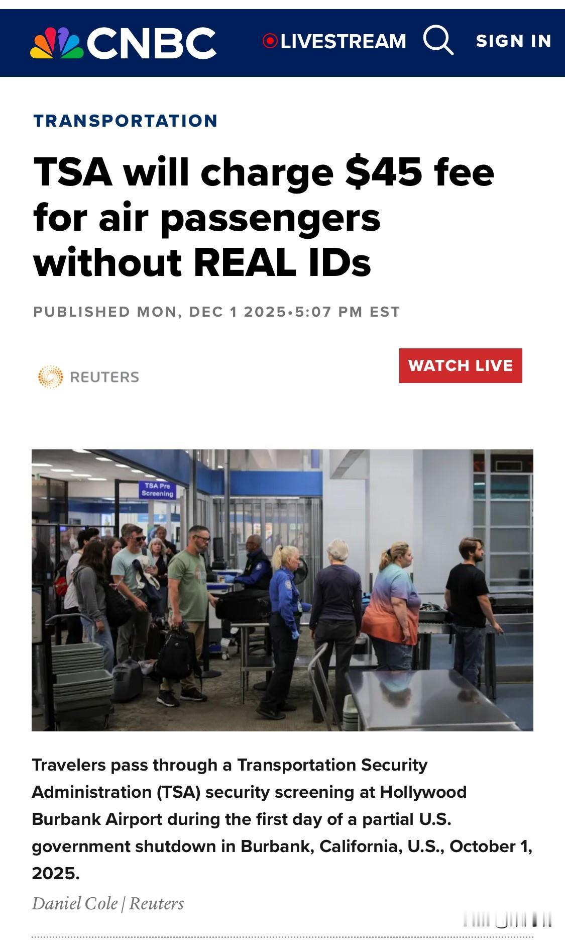 美国运输安全管理局（TSA）宣布，从2026年2月1日开始，在美国机场进行安检时