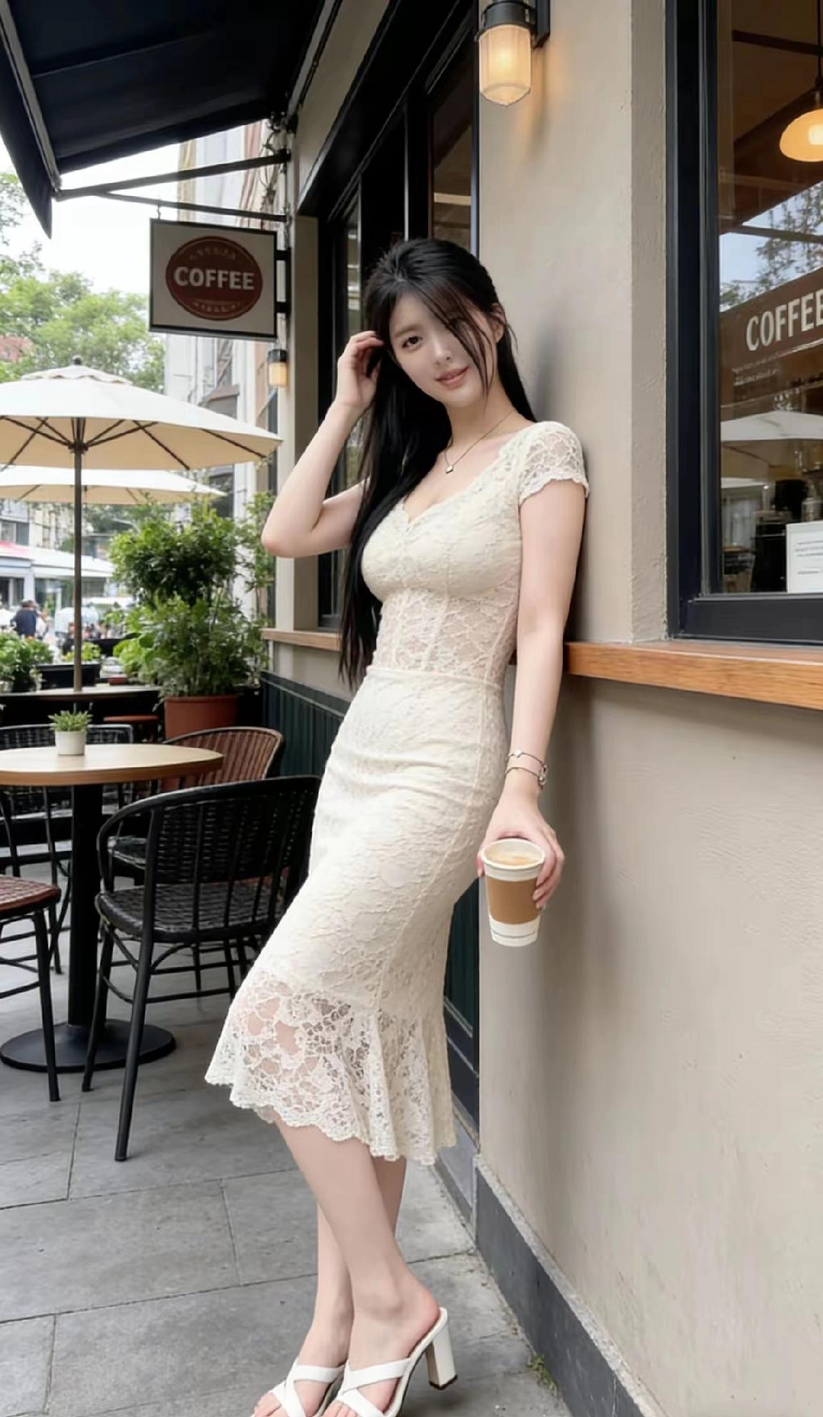 优雅咖啡馆，蕾丝连衣裙，享受悠闲时光