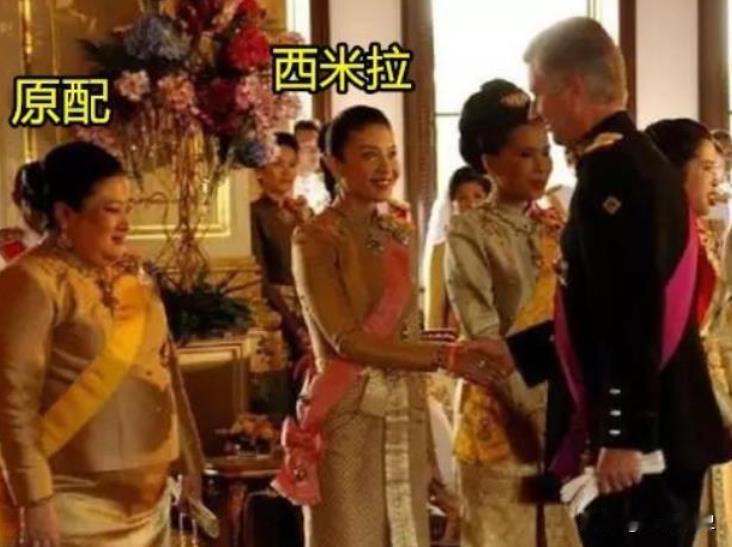 西拉米和颂妃同框，谁是绝世美女一目了然。颂妃在一旁看着西拉米和来宾握手，她一脸的